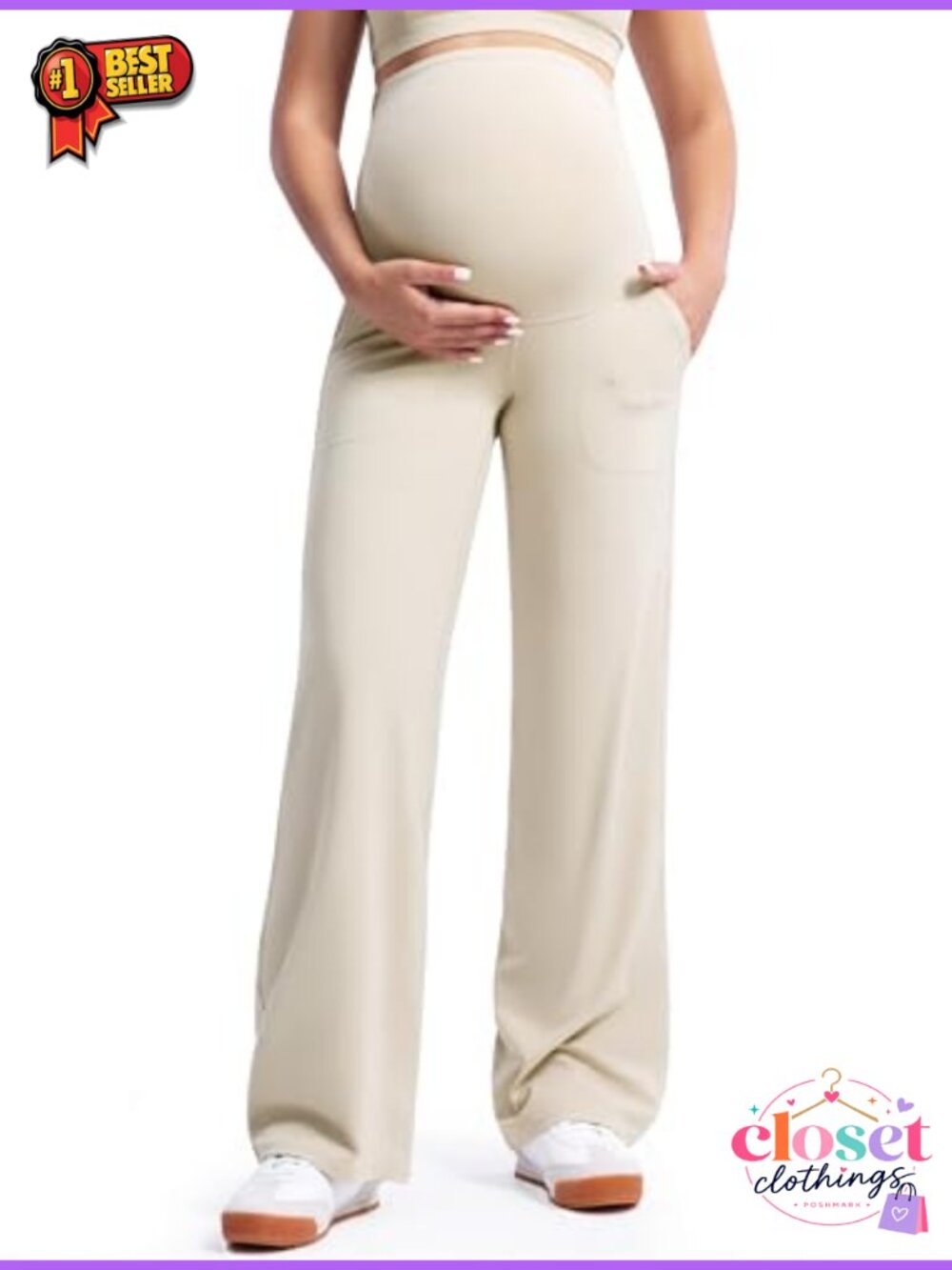 Maternity Wide Leg Work Pants High Waisted Pull On Lounge Trousers